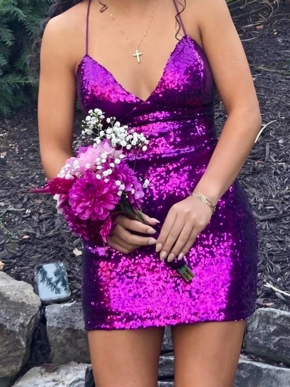 Sequin Spaghetti-Strap Mini Dress in Fuchsia